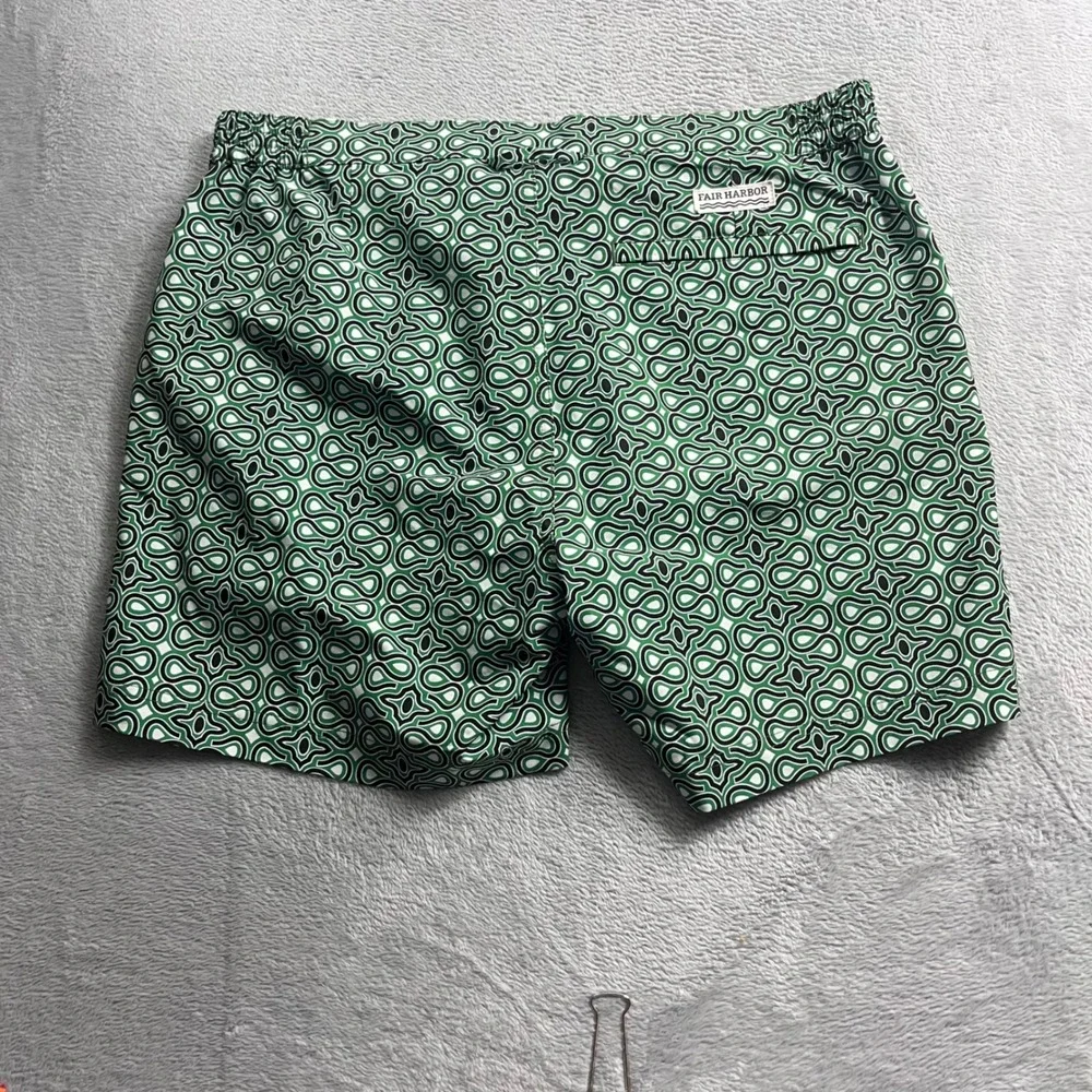 Fair Harbor Mens Green Geometric Link Print Swim Trunks Board Shorts Size L